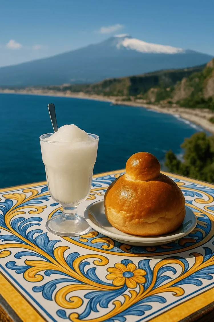 Granita and brioche on a majolica table, with Etna across the bay