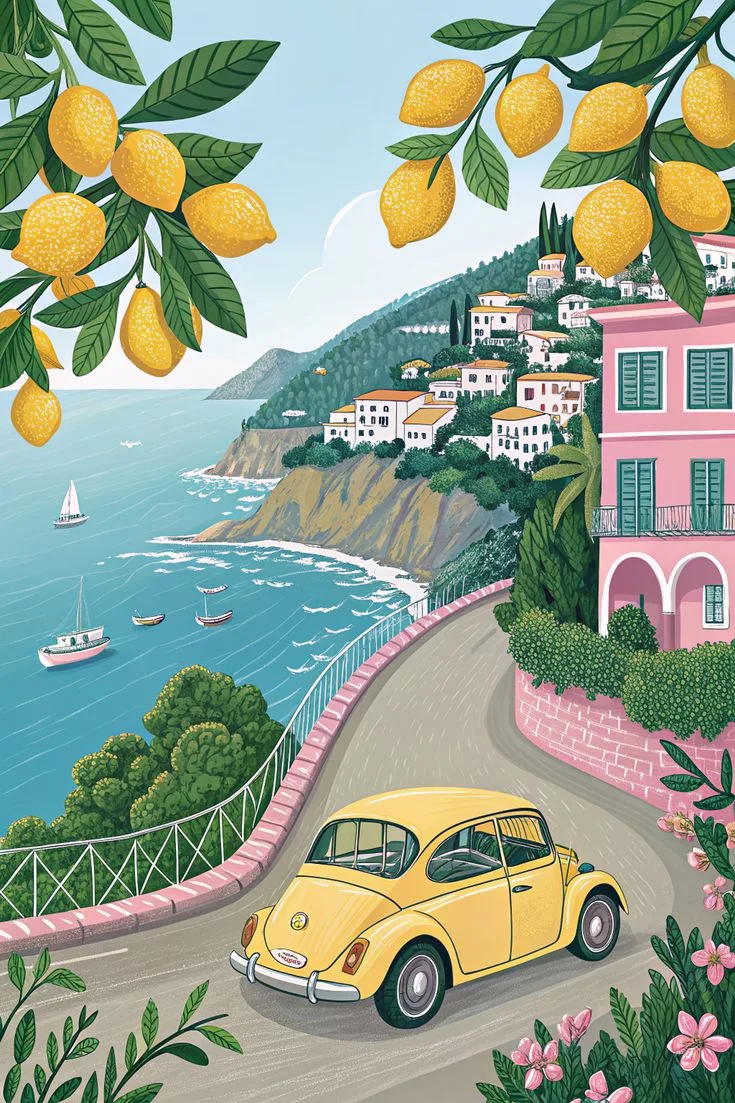 Illustration: lemons over a coast road, a yellow car and the sea