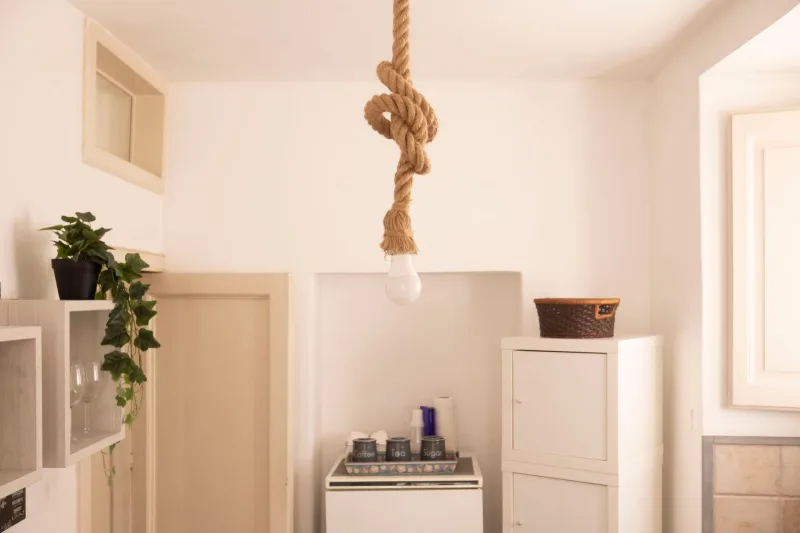 Kitchenette with fridge and rope pendant light