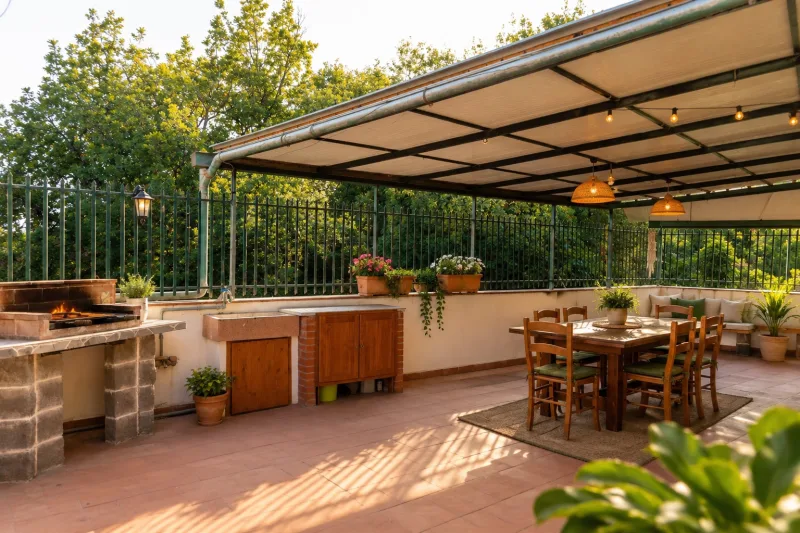 Covered terrace with outdoor kitchen and dining table